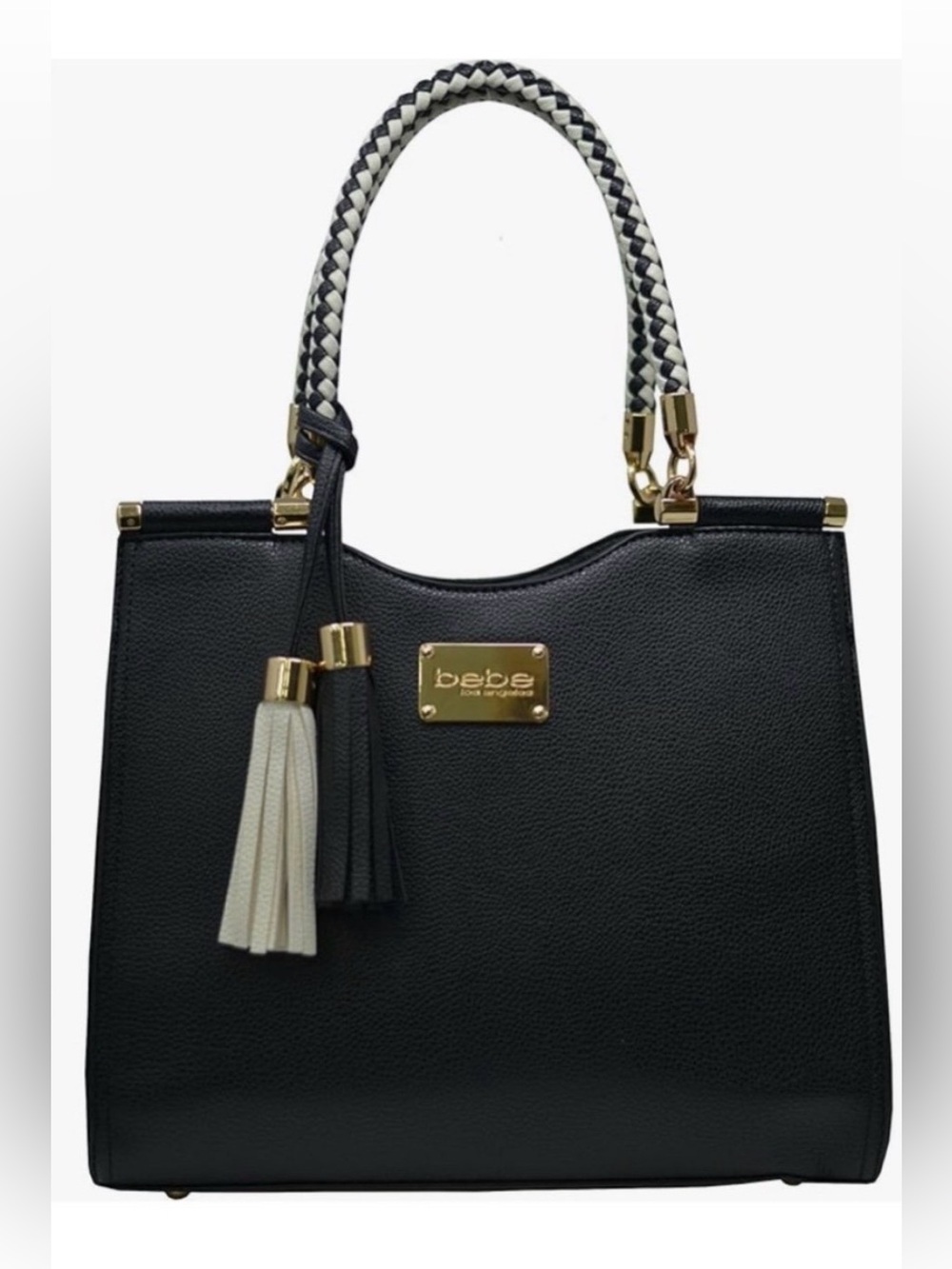 Bebe Natalie Braided Handle Black Faux Leather Satchel